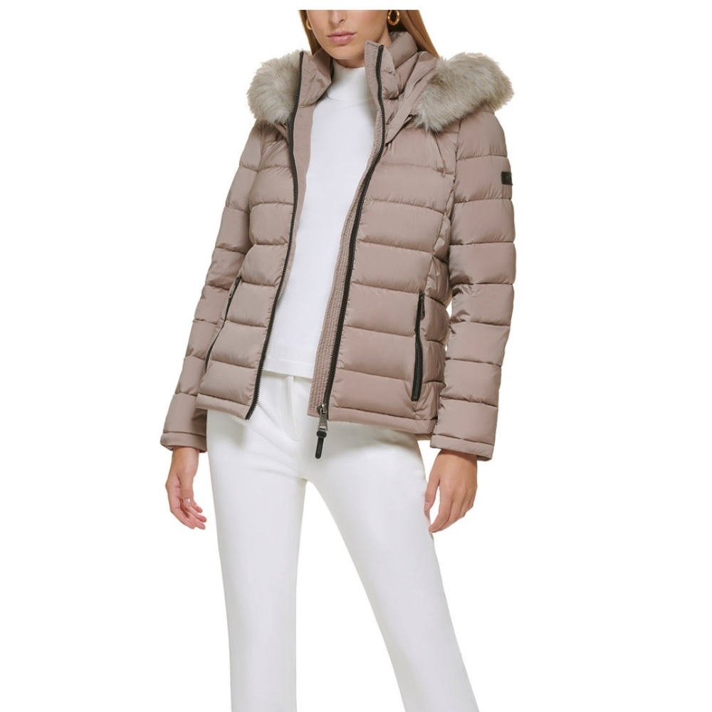 LIKE NEW DKNY faux fur hooded puffer coat